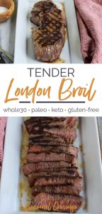 Grilled London broil served on a plate, showcasing its tender texture.
