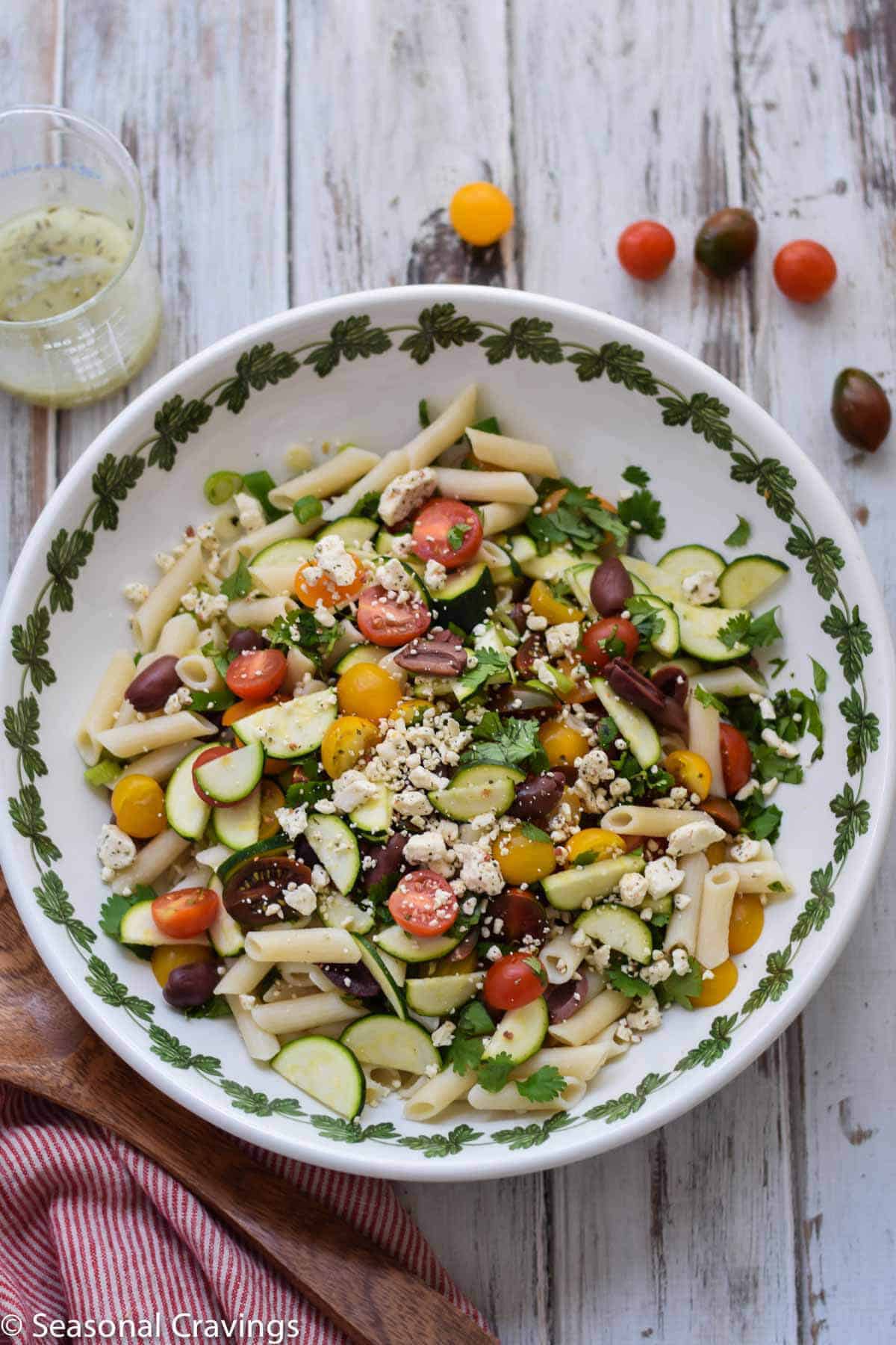 gluten free pasta salad in a white bowl