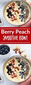 Berry Peach Smoothie Bowl in brown bowl