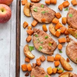 Sheet pan pork chops with brown sugar glazed apples.