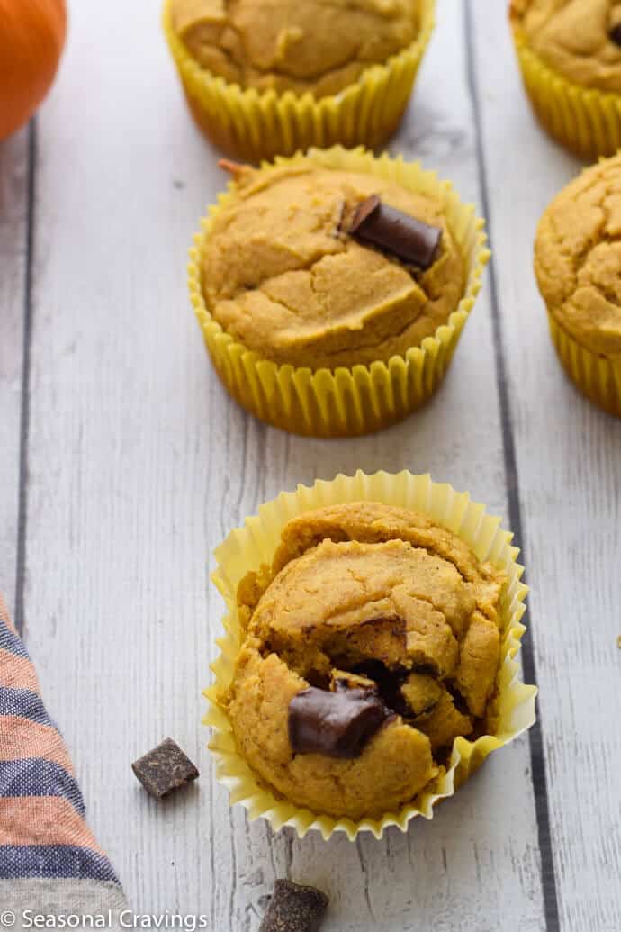 Chocolate Chip Almond Flour Pumpkin Muffins with yellow paper wrappers