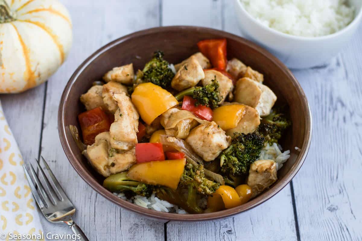 Sheet Pan Chicken Stir Fry in a bowl close up