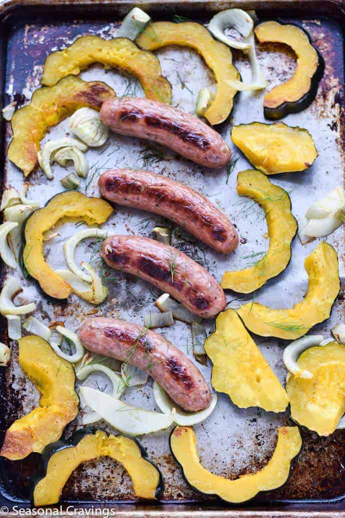 Sheet Pan Sausage and Acorn Squash and fennel on a sheet pan