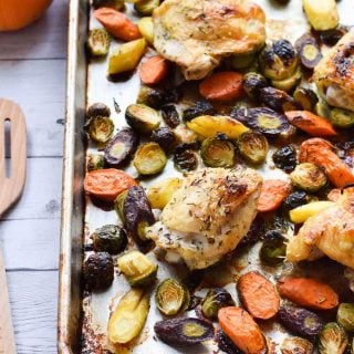 Sheet pan chicken and brussel sprouts roasted to perfection.