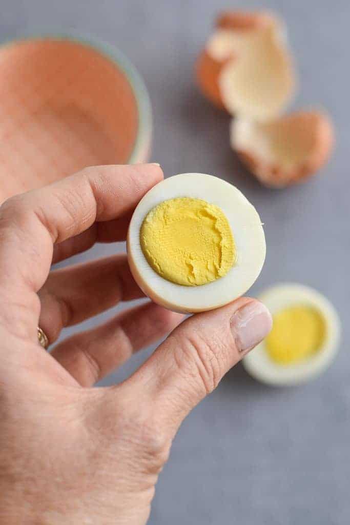 instant pot hard boiled eggs peeled and cut in half