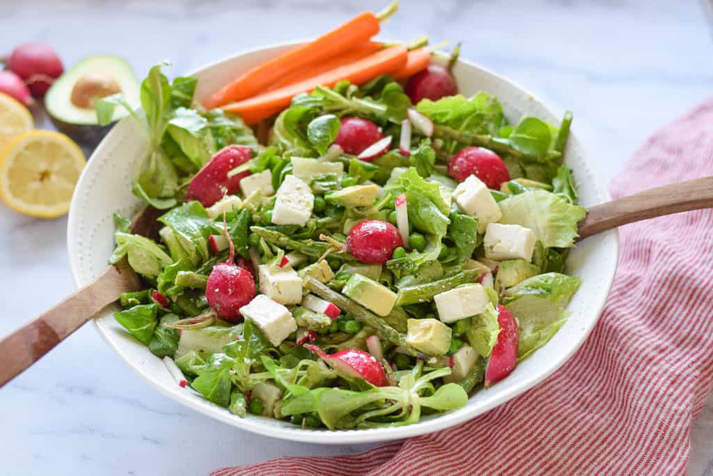 Spring Green Salad with Asparagus - full of healthy asparagus, radishes, peas and topped with feta cheese. {gluten free}