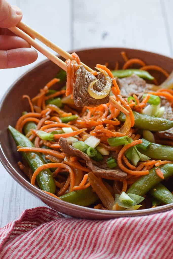 Sweet Potato Noodle Stir Fry with Steak