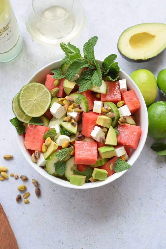 Watermelon Feta and Cucumber Salad with mint and avocado