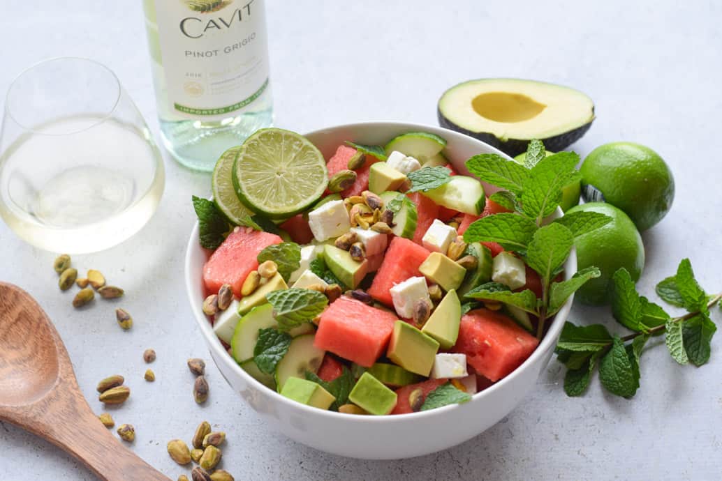 Watermelon Feta and Cucumber Salad with wine