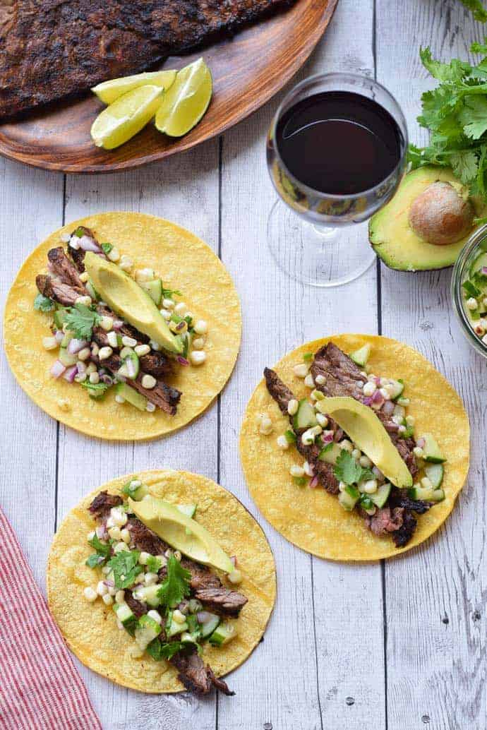 Grilled Steak Tacos With Cucumber and Corn Salsa
