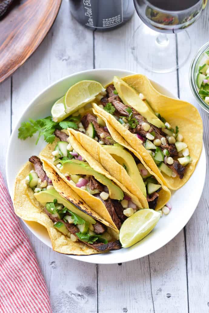 grilled Steak Tacos With Cucumber and Corn Salsa