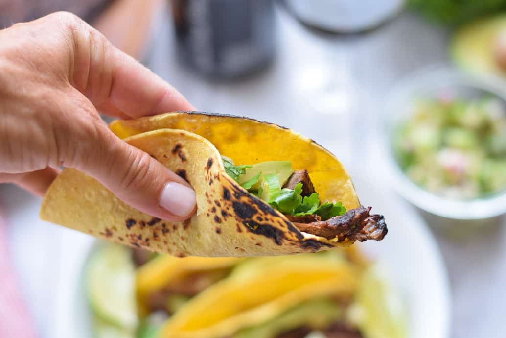 grilled Steak Tacos With Cucumber and Corn Salsa close up