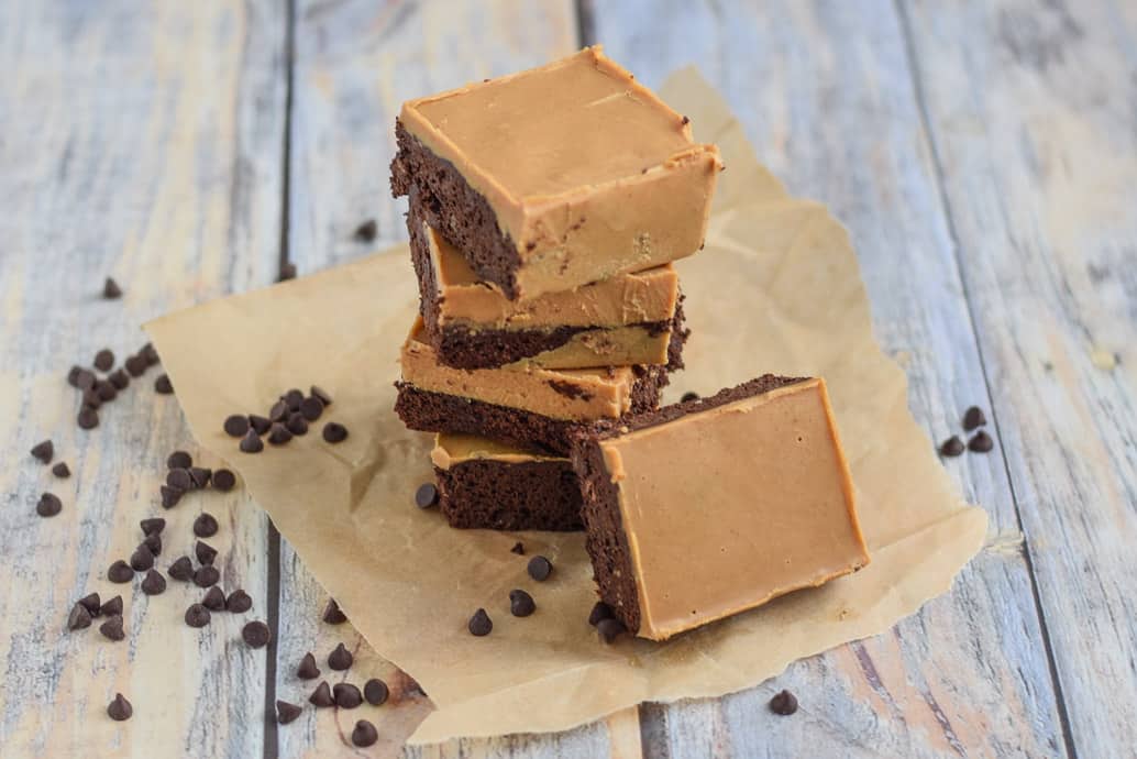 Paleo Brownies with Almond Butter Icing stacked up