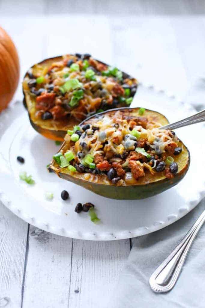 Sausage Stuffed Acorn Squash with melted cheese