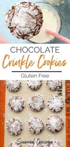 Gluten free chocolate crinkle cookies with powdered sugar and milk.