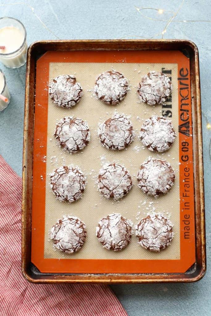 Chocolate Crinkle Cookies (Gluten Free) on a sheet pan