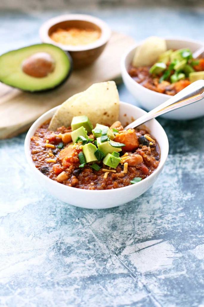Instant Pot Turkey Quinoa Chili with avocado on top and on side