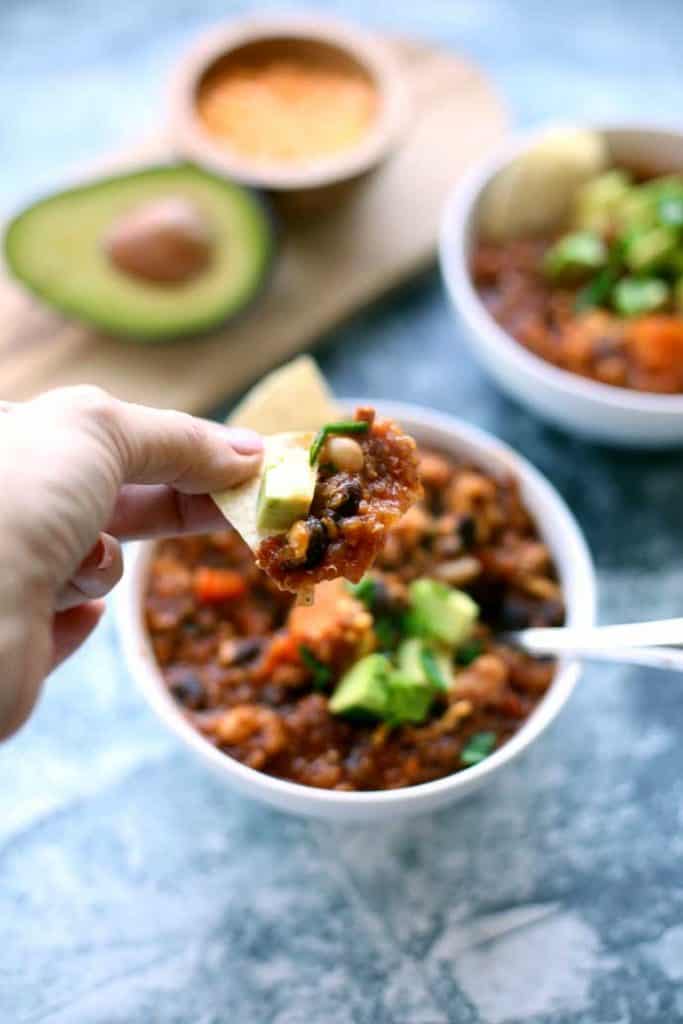 bite of chili on a chip