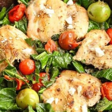 Mediterranean Skillet Chicken with Greens in a cast iron pan