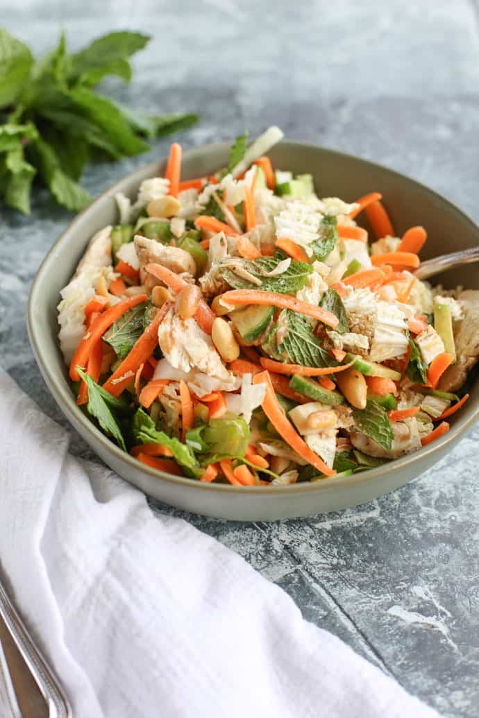 Skinny Vietnamese Chicken Salad in a brown bowl