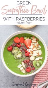 Green smoothie bowl bursting with the freshness of raspberries.