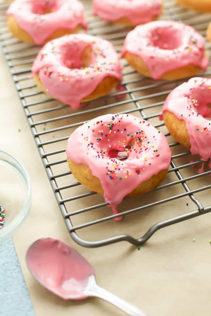 Baked Vanilla Donuts with Raspberry Glaze {Gluten Free}