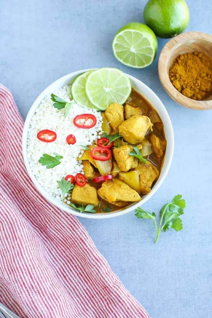 easy instant pot chicken curry in a white bowl