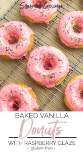Gluten free baked vanilla donuts with raspberry glaze.