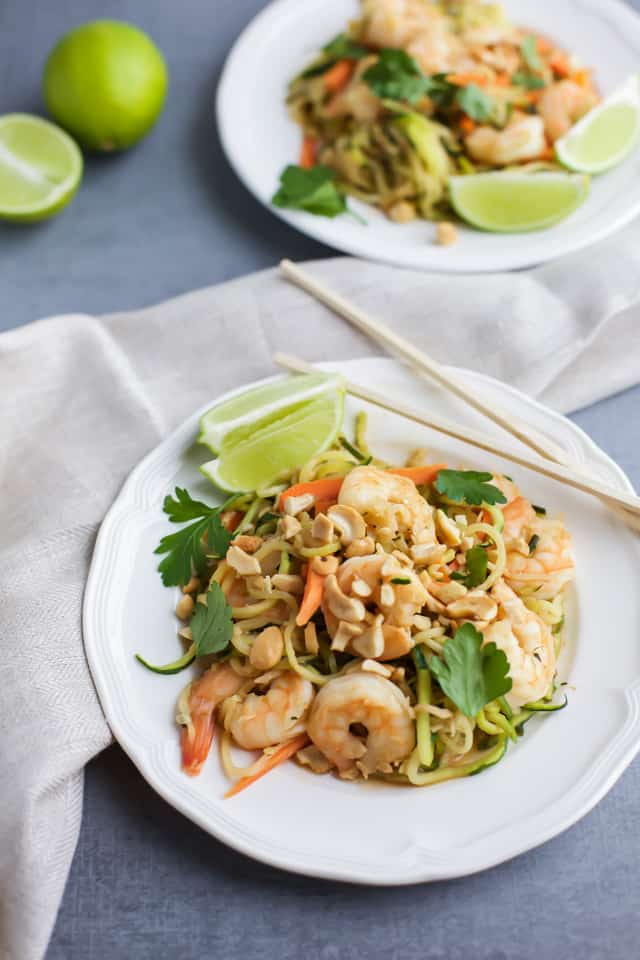 Zucchini Noodle Stir Fry with Shrimp on two white plates