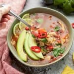 Easy Instant Pot Chicken Tortilla Soup is loaded with corn, chicken and beans. #glutenfree