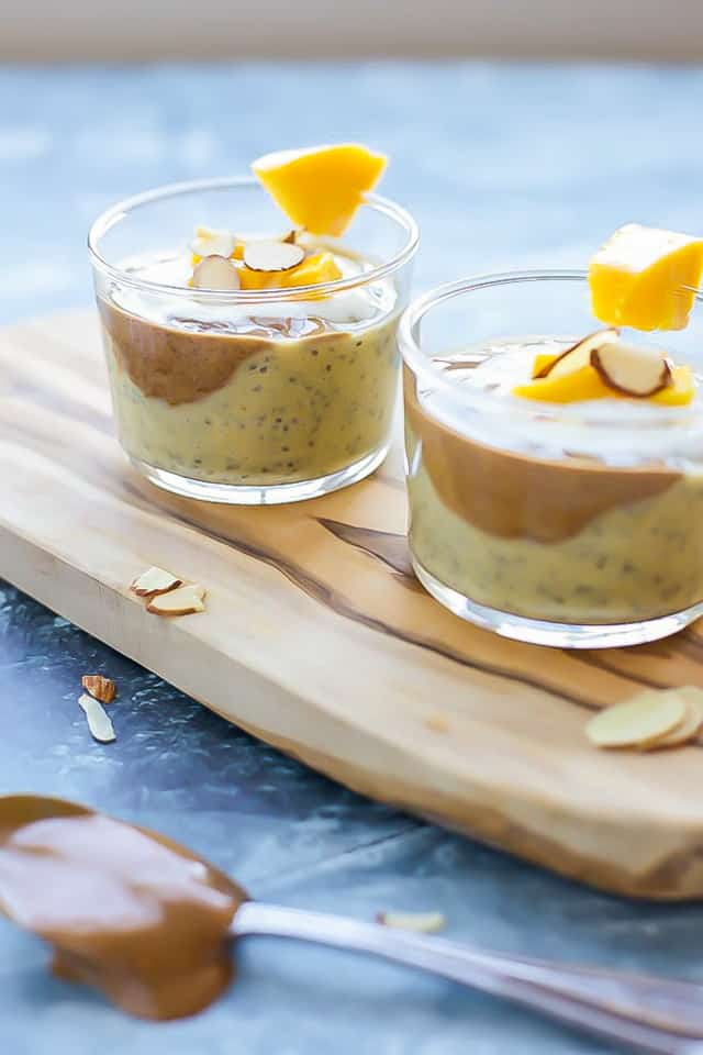 Mango Chia Pudding with almond butter and mango slices