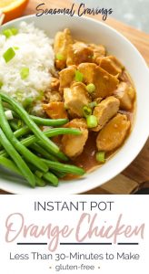 This recipe uses the instant pot to make flavorful orange chicken with a side of tender green beans and fluffy rice.