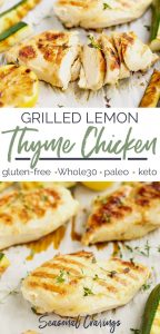 Grilled lemon thyme chicken on a baking sheet.
