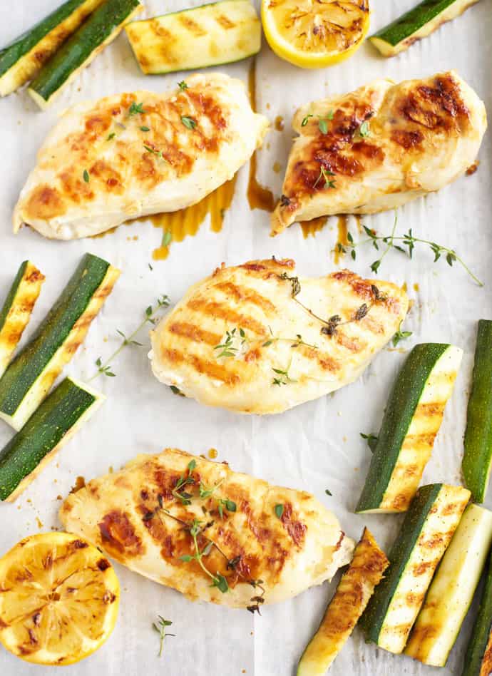 Grilled lemon thyme chicken with grilled zucchini
