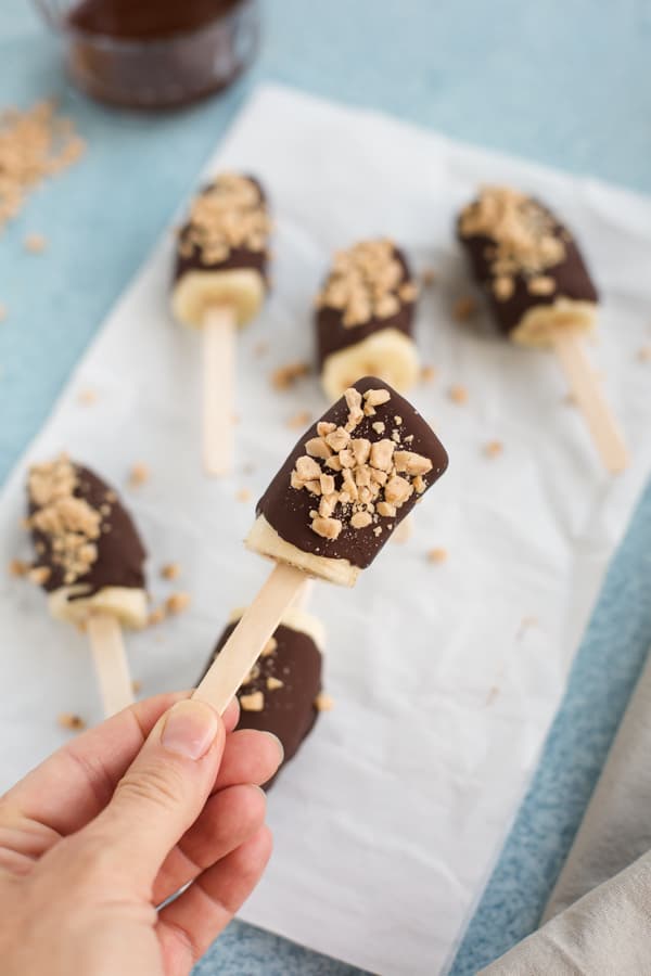 chocolate covered bananas with heath bar topping