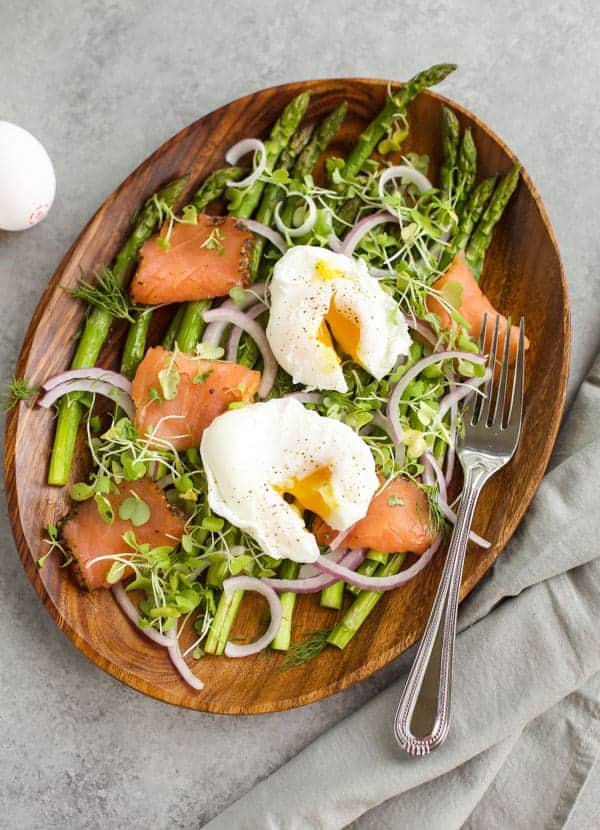 roasted asparagus salad with poached eggs and salmon