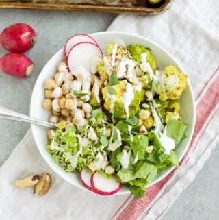 Roasted cauliflower bowl with chickpeas.