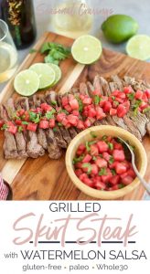 A flavor-packed combination of grilled skirt steak and refreshing watermelon salsa is beautifully presented on a cutting board.
