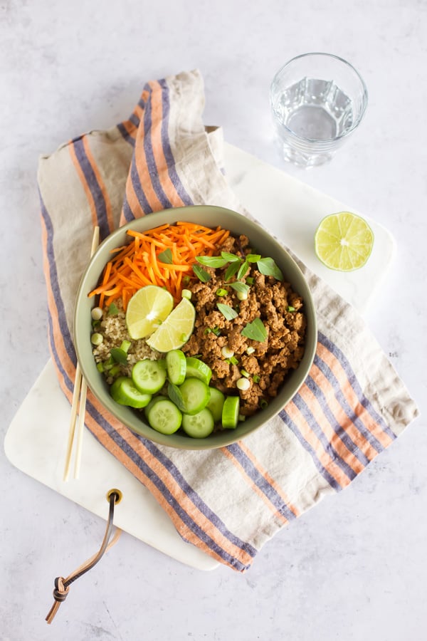 Indonesian Beef and Quinoa bowl in a gray bowl