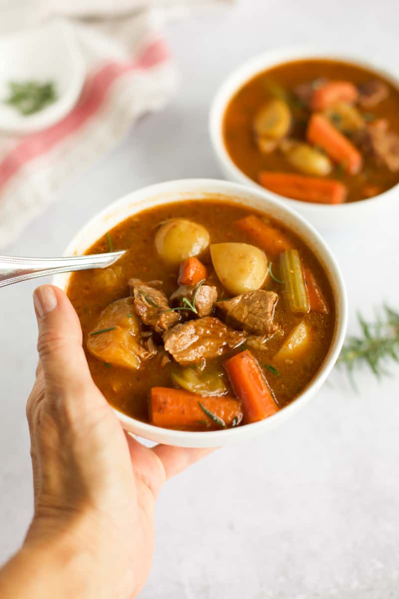 gluten free instant pot beef stew with a spoon