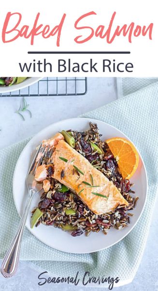 Baked salmon served with a side of black rice.