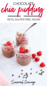 Chocolate chia pudding with raspberries served in a jar.