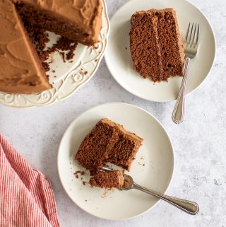 A gluten-free slice of chocolate cake on a plate with a fork.