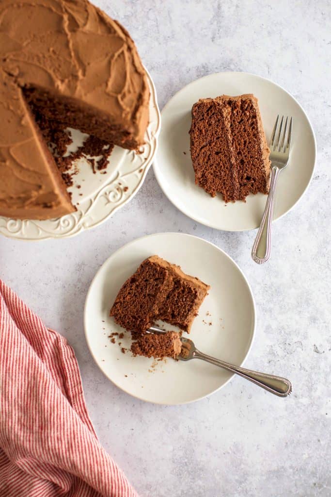 gluten free chocolate cake with two slices on white plates