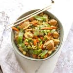 overhead view of chicken stir fry in a bowl