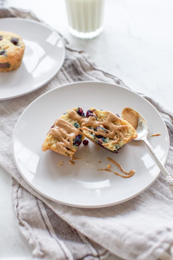 keto blueberry muffins with almond butter on a white plate