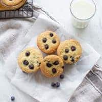 Keto blueberry muffins on a baking sheet with a glass of milk.