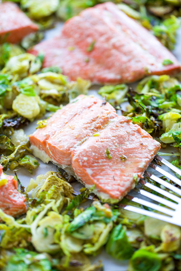 keto sheet pan salmon with shaved brussels sprouts