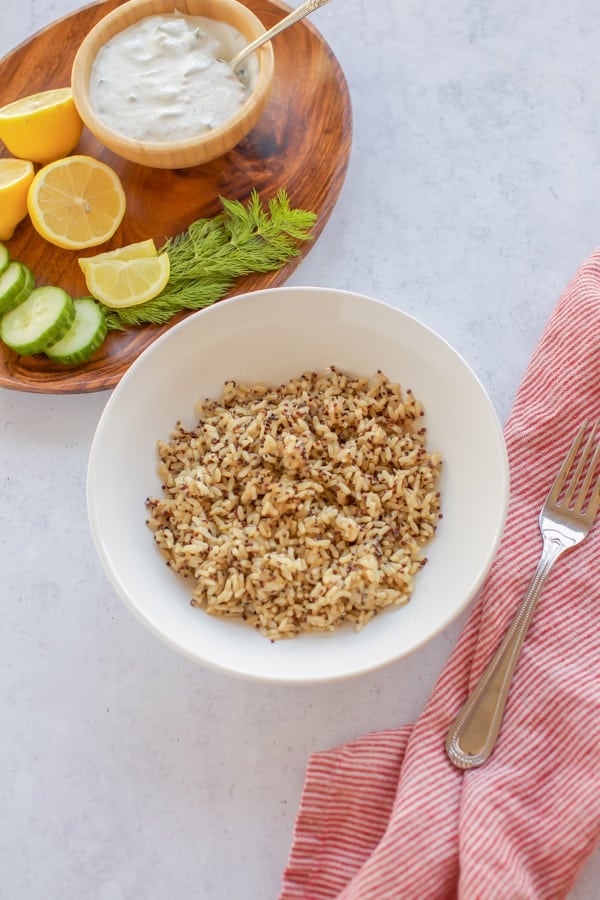 Chicken gyro rice bowl with lemons