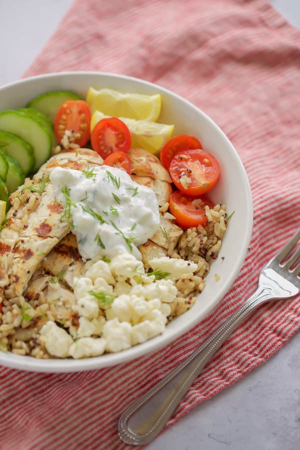 chicken gyro rice bowl with tomatoes